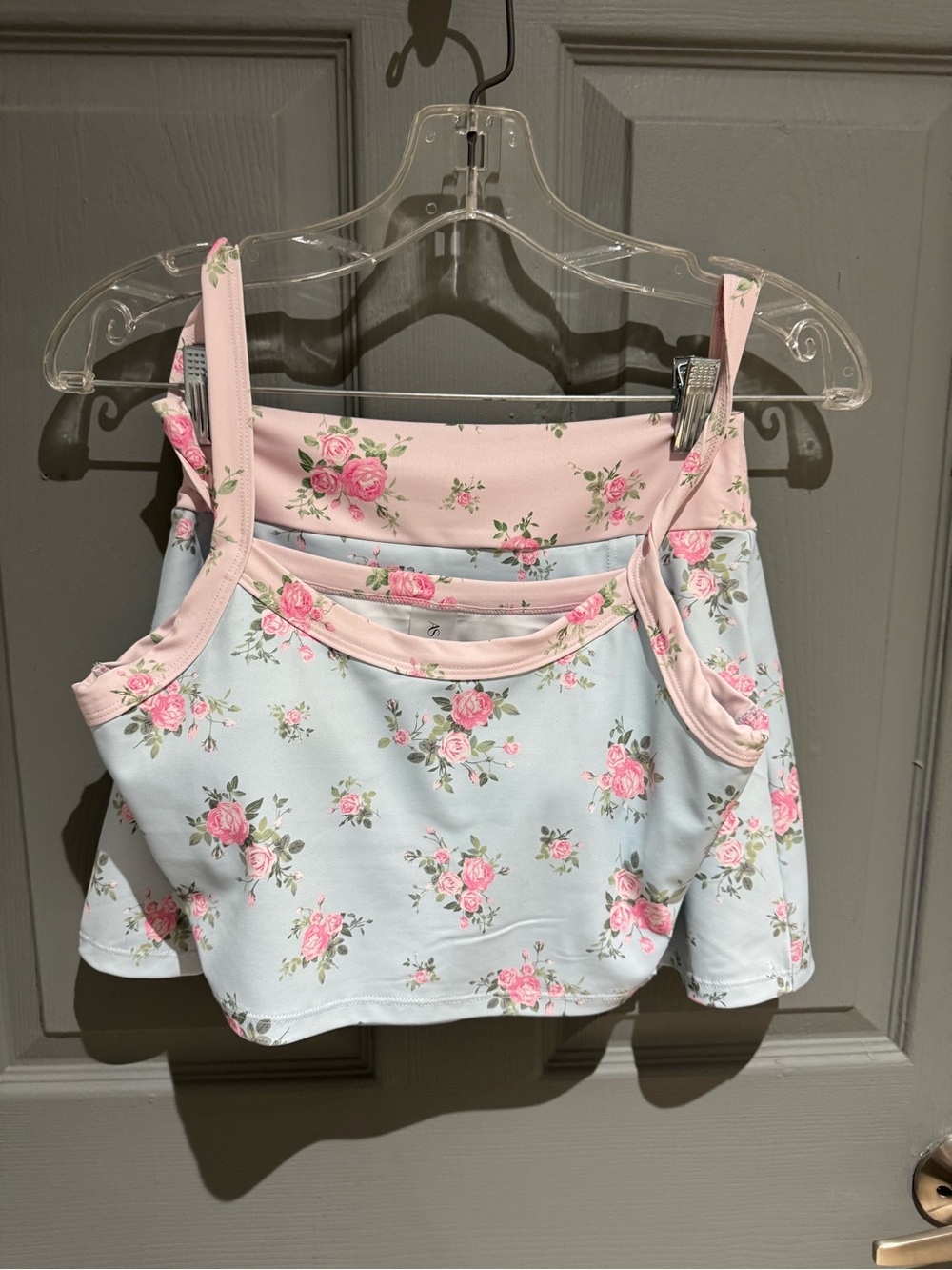 Floral Print Pink & Light Blue Women's Tank Top and skort set